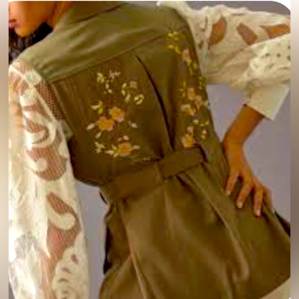 Anthropologie Tiny Floral Utility Vest Green 100% Cotton Tunic Large NEW